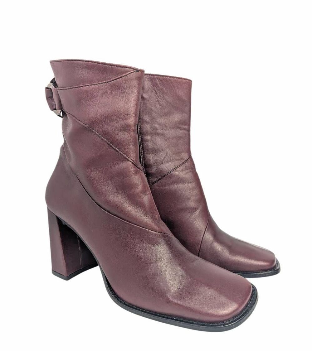 90s Y2K Giulia Del Borgo Maroon leather square toe block heel boots 38 EU 7.5